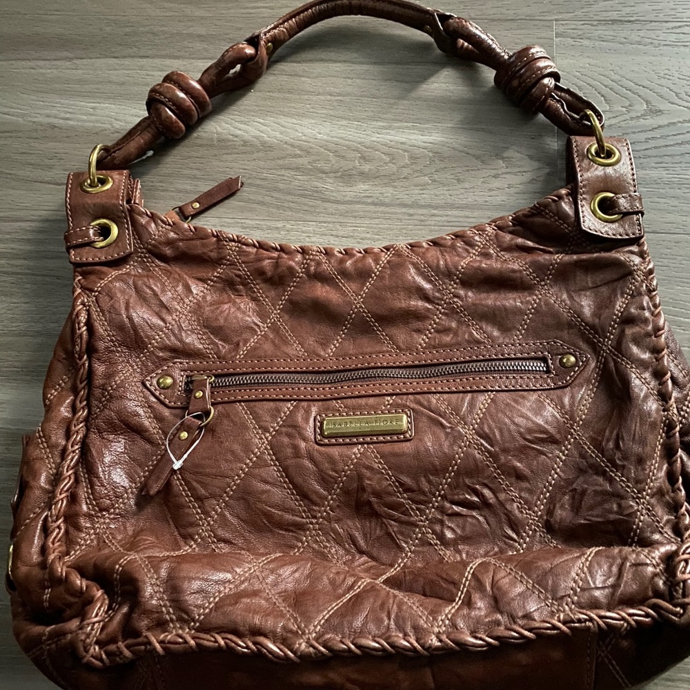 Isabella Fiore Brown Leather Quilted Shoulder Bag Many Pockets Mint Condition - Picture 5 of 11